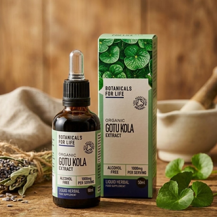 Botanicals For Life Organic Gotu Kola Extract dropper bottle and box on a rustic wooden table with herbs and fresh green leaves in the background.